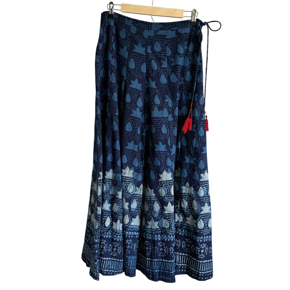 Fabindia Wide Leg blue abstract patterned pants with high waist tie and tassel S
